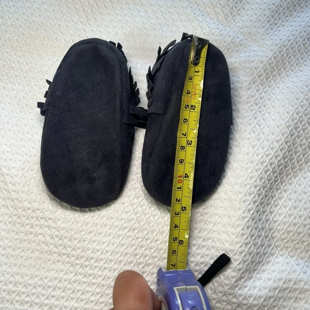 Baby Moccasins Blue Fringe Approx Size 3 Soft Sole Unisex Crawling Shoes Newborn